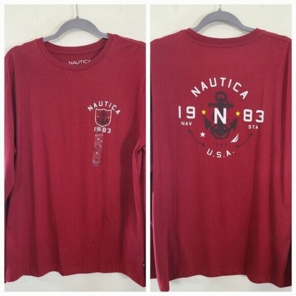 *NEW* NAUTICA Red Graphic Long-Sleeve Shirt Nautical Beach Anchor, size XL. - Picture 1 of 6